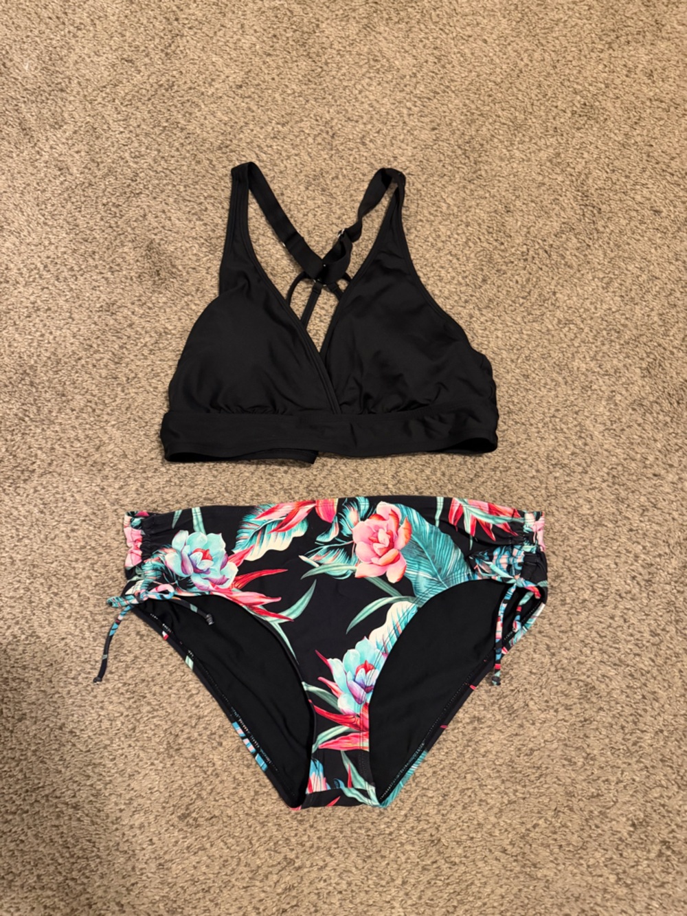 Black Bralette Bikini Top with Floral High-Waist Bottom